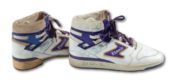 1985-86 KARL MALONE AUTOGRAPHED AND INSCRIBED (ROOKIE SEASON) GAME WORN ETONIC SHOES WITH EXCELLENT PROVENANCE - SAME AS THOSE WEARING ON 1986 FLEER ROOKIE CARD