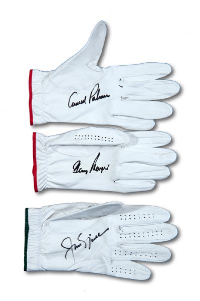 TRIO OF SIGNED GOLF GLOVES FROM "THE BIG THREE" - JACK NICKLAUS, ARNOLD PALMER AND GARY PLAYER (ZWEIGLE COLLECTION)