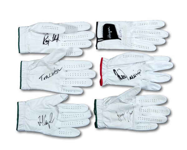 LOT OF (6) AMERICAN WORLD GOLF HALL OF FAME MEMBERS SINGLE SIGNED GLOVES INCL. BEN HOGAN, PAYNE STEWART, TOM WATSON & OTHERS (ZWEIGLE COLLECTION)