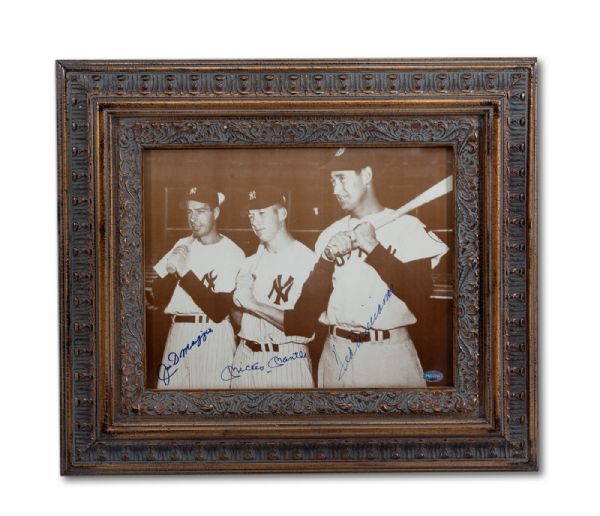MICKEY MANTLE, JOE DIMAGGIO AND TED WILLIAMS TRIPLE SIGNED 11 X 14 BLACK & WHITE PHOTO IN ANTIQUE FRAME