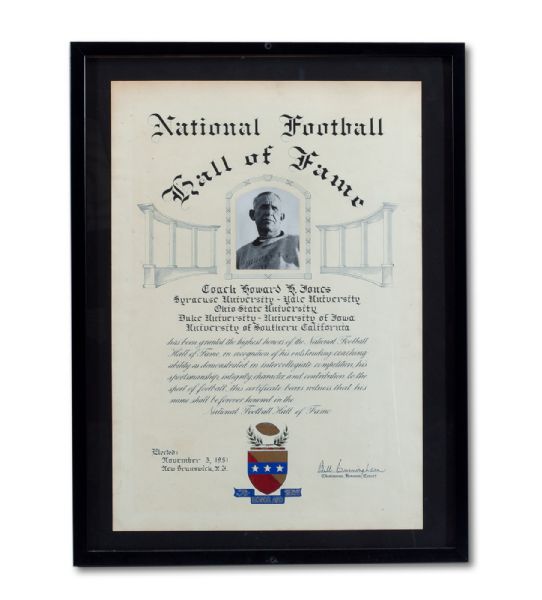 HOWARD JONES (COACH) 1951 ORIGINAL NATIONAL FOOTBALL HALL OF FAME INDUCTION CERTIFICATE (NSM COLLECTION)