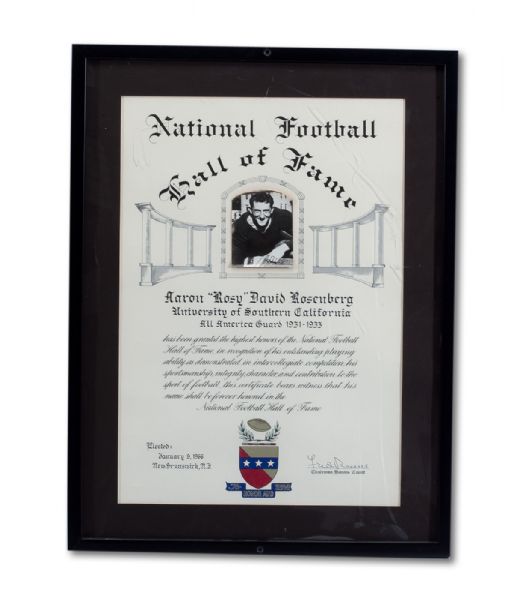AARON "ROSY" DAVID ROSENBERG (USC 1931-33) 1966 ORIGINAL NATIONAL FOOTBALL HALL OF FAME INDUCTION CERTIFICATE (NSM COLLECTION)