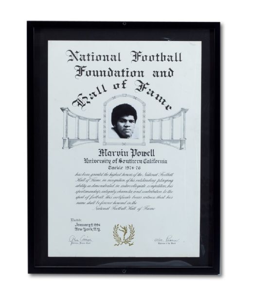 MARVIN POWELL (USC 1974-76) 1994 ORIGINAL NATIONAL FOOTBALL HALL OF FAME INDUCTION CERTIFICATE (NSM COLLECTION)