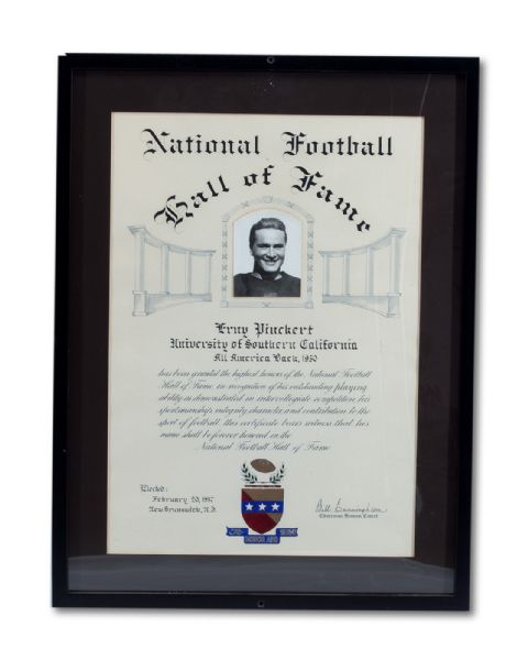ERNY PINKERT (USC 1930) ORIGINAL NATIONAL FOOTBALL HALL OF FAME INDUCTION CERTIFICATE (NSM COLLECTION)