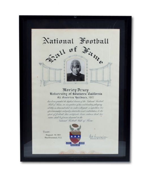 MORLEY DRURY (USC 1927) 1954 ORIGINAL NATIONAL FOOTBALL HALL OF FAME INDUCTION CERTIFICATE (NSM COLLECTION)