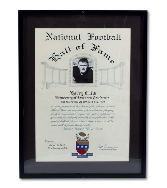 HARRY SMITH (USC 1938-39) ORIGINAL NATIONAL FOOTBALL HALL OF FAME INDUCTION CERTIFICATE (NSM COLLECTION)