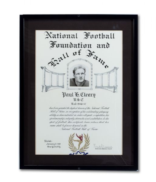 PAUL CLEARY (USC 1946-47) 1989 ORIGINAL NATIONAL FOOTBALL HALL OF FAME INDUCTION CERTIFICATE (NSM COLLECTION)