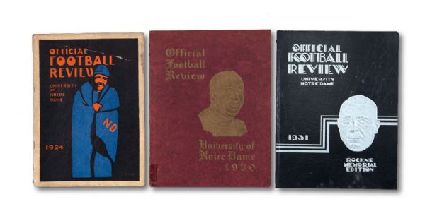 1924 (THE FOUR HORSEMAN/FIRST NATIONAL CHAMPIONSHIP), 1930 (NATIONAL CHAMPIONS), AND 1931 (KNUTE ROCKNE MEMORIAL EDITION) NOTRE DAME OFFICIAL FOOTBALL REVIEW LOT OF 3