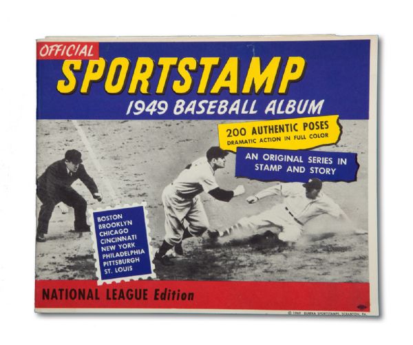 1949 EUREKA OFFICIAL SPORTSTAMP ALBUM WITH ALL 200 NATIONAL LEAGUE STAMPS IN UNCUT SHEETS AT CENTER