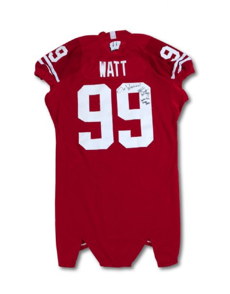 2010 J.J. WATT AUTOGRAPHED UNIVERSITY OF WISCONSIN BADGERS GAME WORN JERSEY - TEAM REPAIRS PHOTO MATCHED TO OSU GAME (NSM COLLECTION)