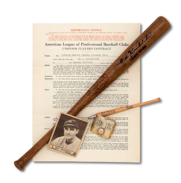 GROUP OF (5) BILL KNICKERBOCKER PERSONAL CAREER MEMENTOS INCL. 1934 CLEVELAND INDIANS PLAYERS CONTRACT SIGNED BY BILLY EVANS, MONOGRAMMED BELT BUCKLE, MINI-BAT AND MORE (KNICKERBOCKER COLLECTION) 