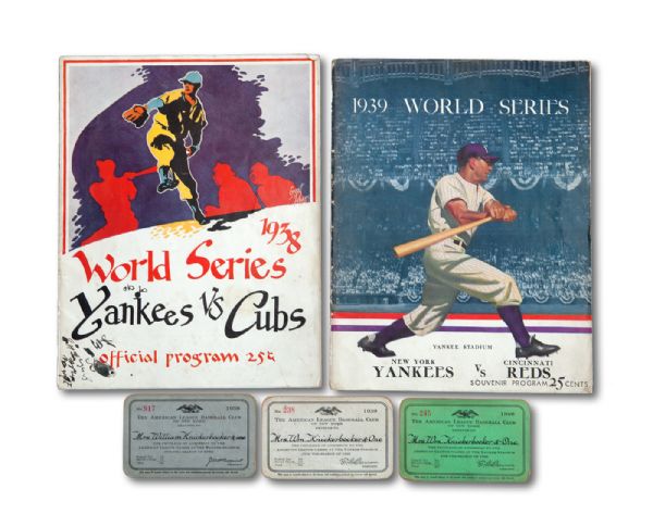1938 AND 1939 WORLD SERIES PROGRAMS (UNSCORED) AND 1938, 1939 AND 1940 NEW YORK YANKEES SEASON PASSES (KNICKERBOCKER COLLECTION) 