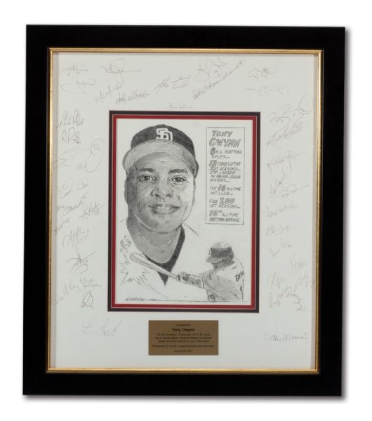 8/28/2001 ST. LOUIS CARDINALS TEAM SIGNED FRAMED LITHOGRAPH GIFTED TO TONY GWYNN DURING HIS FAREWELL TOUR (GWYNN FAMILY LOA)