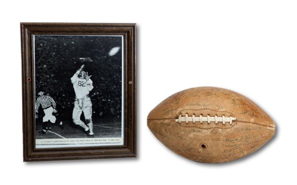 1939 USC TROJANS (NATIONAL CHAMPIONS) TEAM SIGNED FOOTBALL WITH PHOTO OF 1939 ROSE BOWL GAME WINNING CATCH (NSM COLLECTION)