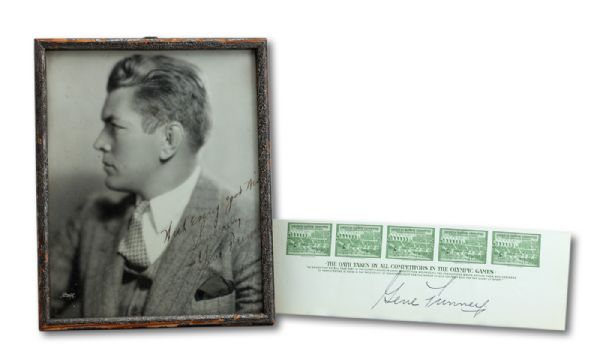 PAIR OF GENE TUNNEY AUTOGRAPHED ITEMS INCLUDING 1937 ORIGINAL 8 X 10 FRAMED PHOTO AND RARE 1940 AMERICAN OLYMPIC COMMITTEE 5-STAMP STRIP
