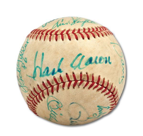 HALL OF FAME BASEBALL SIGNED BY 13 INC. MICKEY MANTLE AND HANK AARON