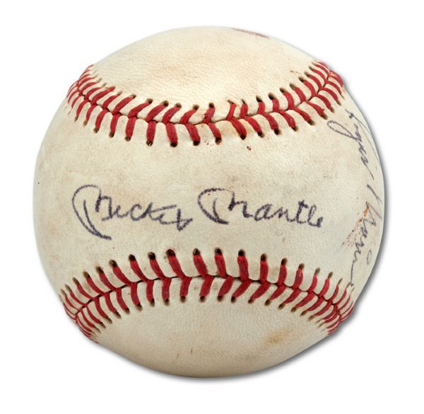 VINTAGE ROGER MARIS AND MICKEY MANTLE DUAL SIGNED BASEBALL (PSA/DNA GRADED 7)