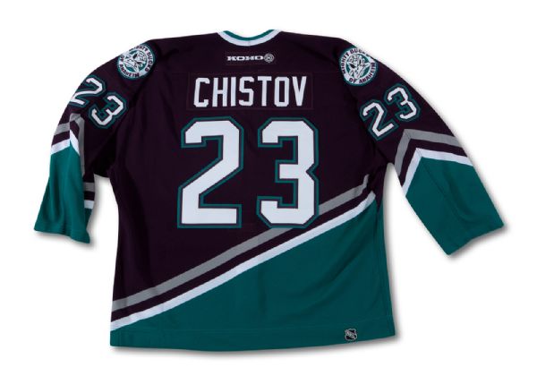2003 STANISLAV CHISTOV ANAHEIM MIGHTY DUCKS GAME WORN ROAD JERSEY FROM STANLEY CUP FINALS VS. NEW JERSEY DEVILS (MEIGRAY, NSM COLLECTION)