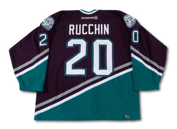 2003 STEVE RUCCHIN ANAHEIM MIGHTY DUCKS GAME WORN ROAD JERSEY FROM STANLEY CUP FINALS VS. NEW JERSEY DEVILS (MEIGRAY, NSM COLLECTION)