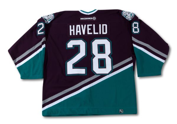 2003 NICLAS HAVELID ANAHEIM MIGHTY DUCKS GAME WORN ROAD JERSEY FROM STANLEY CUP FINALS VS. NEW JERSEY DEVILS (MEIGRAY, NSM COLLECTION)