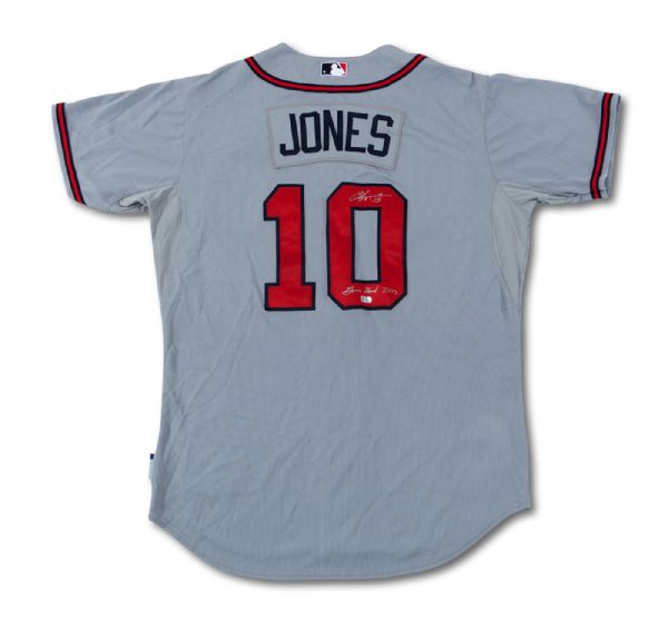 2012 CHIPPER JONES ATLANTA BRAVES GAME WORN AND AUTOGRAPHED ROAD JERSEY INSCRIBED "GAME USED 2012" (MLB AUTH.)