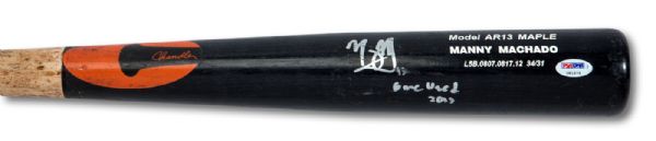 2012-13 MANNY MACHADO (ROOKIE SEASON) GAME USED AND SIGNED CHANDLER PROFESSIONAL MODEL BAT WITH INSCRIPTION "GAME USED 2013"
