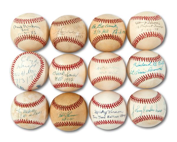 LOT OF (12) SINGLE SIGNED BASEBALLS WITH SPECIAL ACHIEVEMENT AND UNIQUE NOTATIONS (NSM COLLECTION)