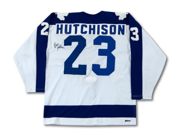 1979-80 DAVE HUTCHISON AUTOGRAPHED TORONTO MAPLE LEAFS GAME WORN JERSEY - POUNDED WITH SEVERAL REPAIRS (HUTCHISON LOA, NSM COLLECTION)