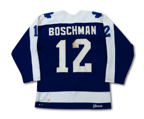 1979-80 LAWRENCE BOSCHMAN TORONTO MAPLE LEAFS GAME WORN JERSEY - POUNDED WITH SEVERAL REPAIRS (NSM COLLECTION)