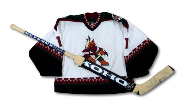 2000-01 SEAN BURKE PHOENIX COYOTES GAME WORN JERSEY AND AUTOGRAPHED GAME USED GOALIE STICK (COYOTES/MEIGRAY LOA, NSM COLLECTION)