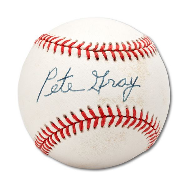 PETE GRAY "ONE-ARMED BIG LEAGUER" SINGLE SIGNED OAL (BROWN) BASEBALL (NSM COLLECTION)