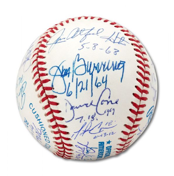 PERFECT GAME PITCHERS MULTI-SIGNED BASEBALL SIGNED AND INSCRIBED BY 18 INCL. CATFISH HUNTER