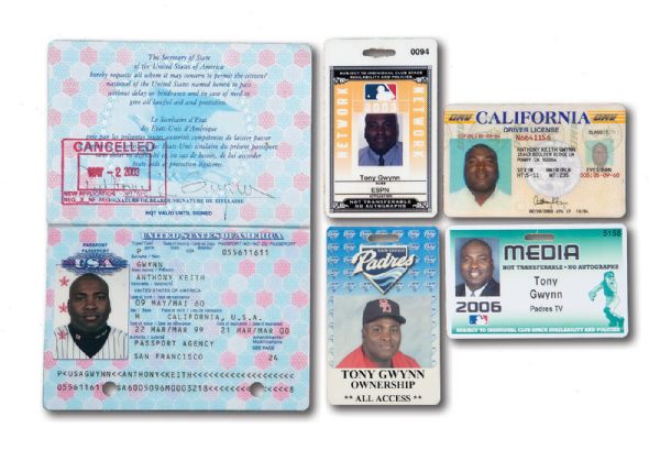 TONY GWYNNS GROUP OF (5) PERSONAL FORMS OF IDENTIFICATION INCLUDING PASSPORT (SIGNED), DRIVERS LICENSE, AND PASSES FROM ESPN, MLB & PADRES (GWYNN FAMILY LOA)