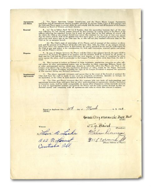 1949 KANSAS CITY MONARCHS PLAYERS CONTRACT SIGNED BY MELVIN DUNCAN