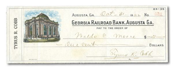 1922 TYRUS R. COBB SIGNED LARGE FORMAT BANK CHECK - SCARCE CAREER CONTEMPORARY EXAMPLE
