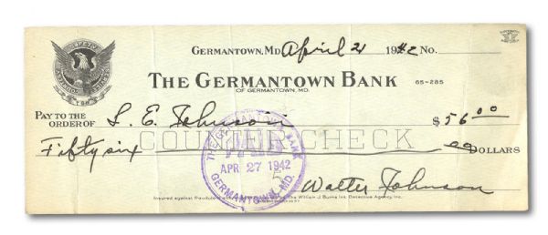 1942 WALTER JOHNSON SIGNED LARGE FORMAT BANK CHECK