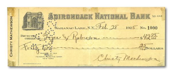 1925 CHRISTY MATHEWSON SIGNED LARGE FORMAT BANK CHECK 