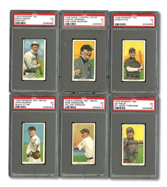 1909-11 T206 EX PSA 5 HALL OF FAME LOT OF 6 - KEELER, MCGRAW, JENNINGS, MARQUARD, WILLIS, AND FLICK
