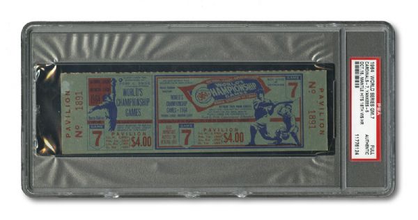 1964 WORLD SERIES (YANKEES AT CARDINALS) GAME 7 FULL UNUSED TICKET - MICKEY MANTLES 18TH AND FINAL WORLD SERIES HOME RUN (PSA AUTH.)