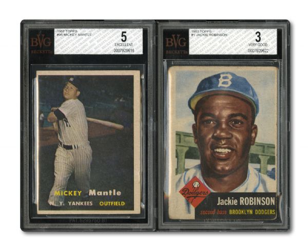 1953 TOPPS #1 JACKIE ROBINSON VG BECKETT 3 AND 1957 TOPPS #95 MICKEY MANTLE EX BECKETT 5
