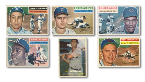 1956-1957 TOPPS HALL OF FAME LOT OF 6 INC. TED WILLIAMS AND HANK AARON