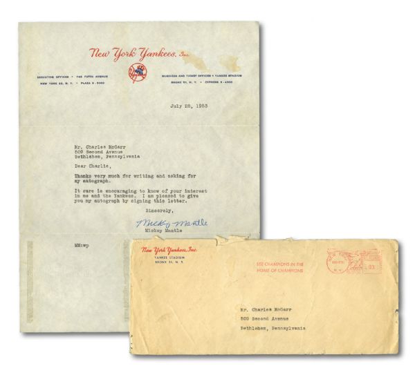 JULY 28, 1953 MICKEY MANTLE TYPED SIGNED LETTER ON NEW YORK YANKEE LETTERHEAD