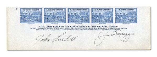 1948 U.S. OLYMPIC COMMITTEE 5-STAMP STRIP SIGNED BY JOE DIMAGGIO AND 1940 AMERICAN OLYMPIC COMMITTEE 5-STAMP STRIP SIGNED BY BILL "BOJANGLES" ROBINSON 