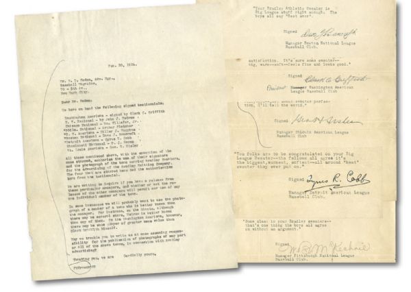 C. 1924 COLLECTION OF (7) LETTERS FROM PROMINENT BASEBALL PLAYERS CONSENTING ENDORSEMENT OF THE BRADLEY KNITTING COMPANY INCL. COBB, SISLER, BANCROFT, GRIFFITH AND OTHERS 