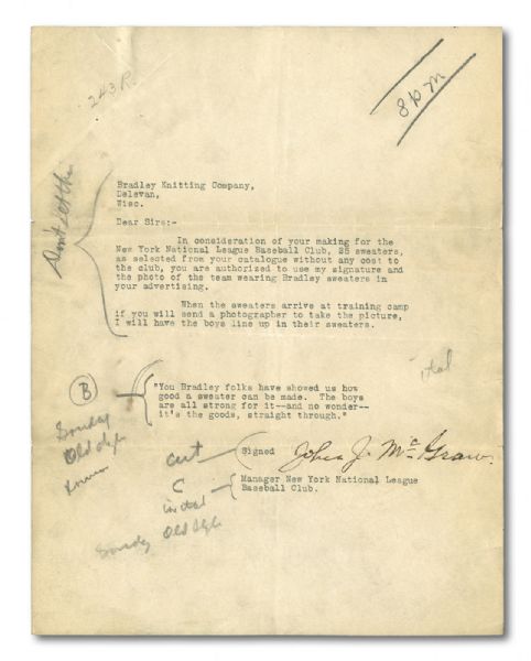 c.1924 JOHN J. MCGRAW SIGNED LETTER CONSENTING ENDORSEMENT OF THE BRADLEY KNITTING COMPANY