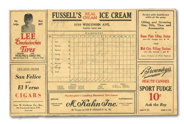 1928 SCORECARD (PHIL. AS AT WASHINGTON) AUTOGRAPHED IN PENCIL BY COBB, SPEAKER, COLLINS, FOXX, COCHRANE, HARRIS AND (16) OTHERS