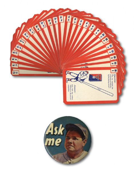 1934 QUAKER OATS BABE RUTH "ASK ME" OVERSIZE PIN PLUS COMPLETE SET OF 26 1934 QUAKER OATS "ASK ME" BASEBALL TRIVIA CARDS