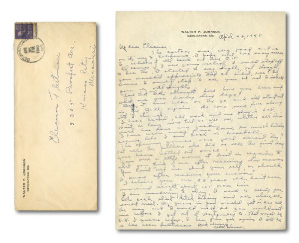 APRIL 24, 1940 WALTER JOHNSON SIGNED HANDWRITTEN LETTER WITH RETURN ENVELOPE