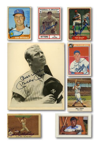 HALL OF FAME SIGNED BASEBALL CARD LOT OF 36 DIFFERENT INC. TED WILLIAMS, MICKEY MANTLE, AND WILLIE MAYS