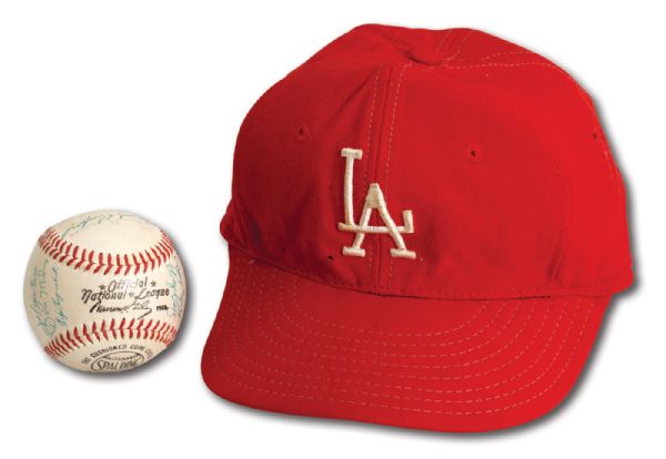 1959 LOS ANGELES DODGERS WORLD CHAMPION TEAM SIGNED BASEBALL AND RARE C.1950-60S SPRING TRAINING WORN COACHES CAP (PLAYER PROVENANCE)
